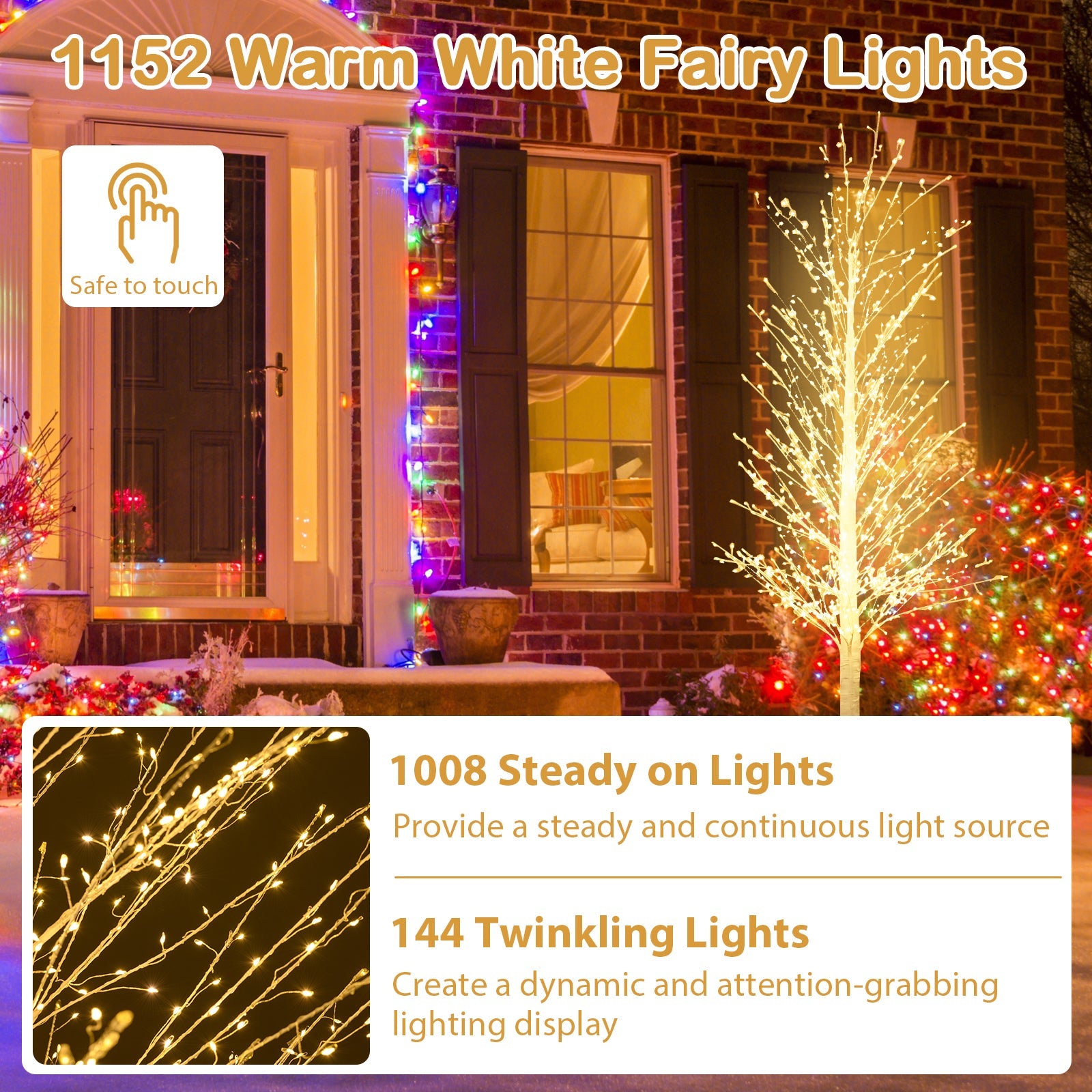 210 CM LED Lighted White Twig Tree, Birch Tree w/ 1008 Steady on Lights &144 Twinkle Star Lights for Indoor Outdoor