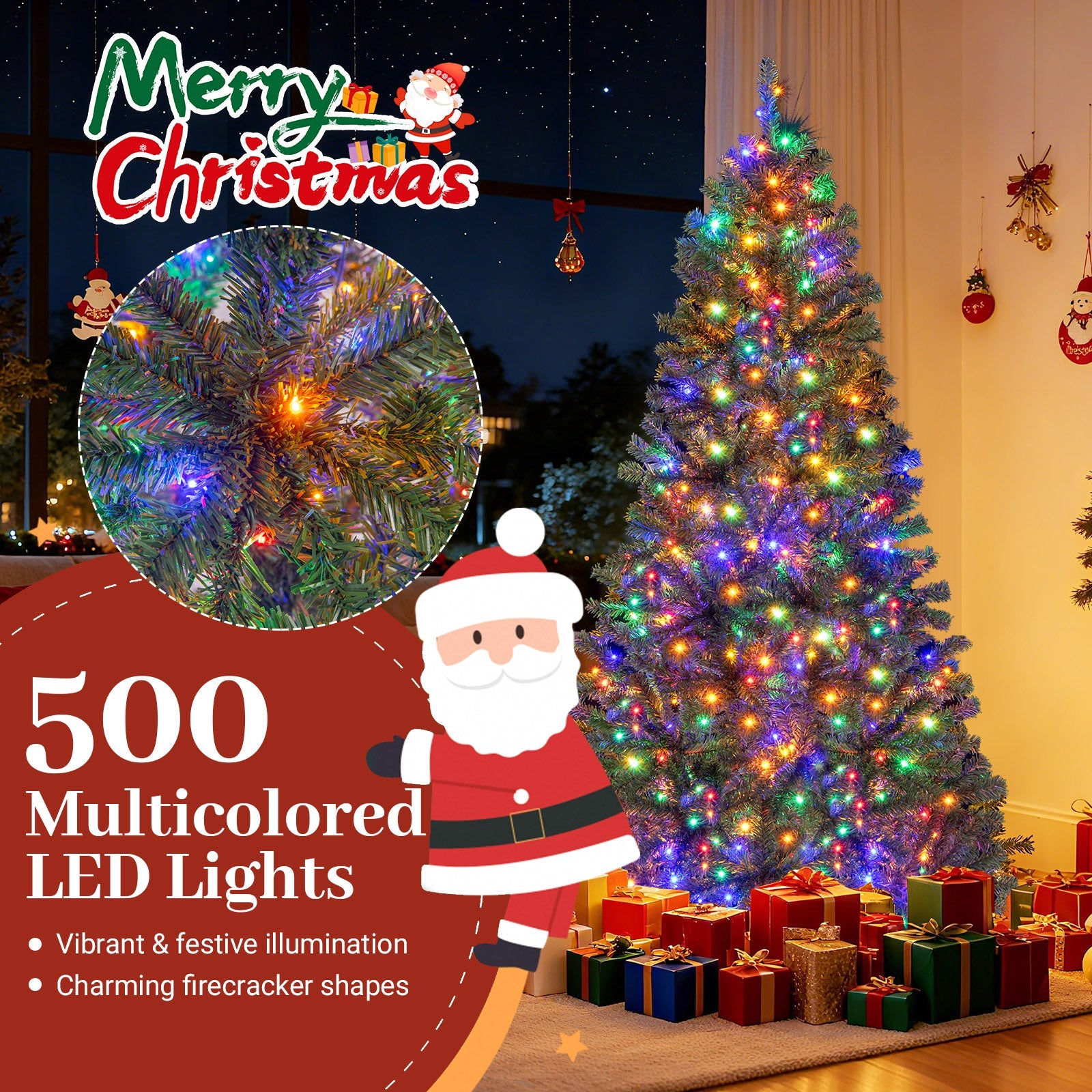 180/210 CM Pre-Lit Artificial Christmas Tree with Multicolored LED Lights and Foldable Metal Stand