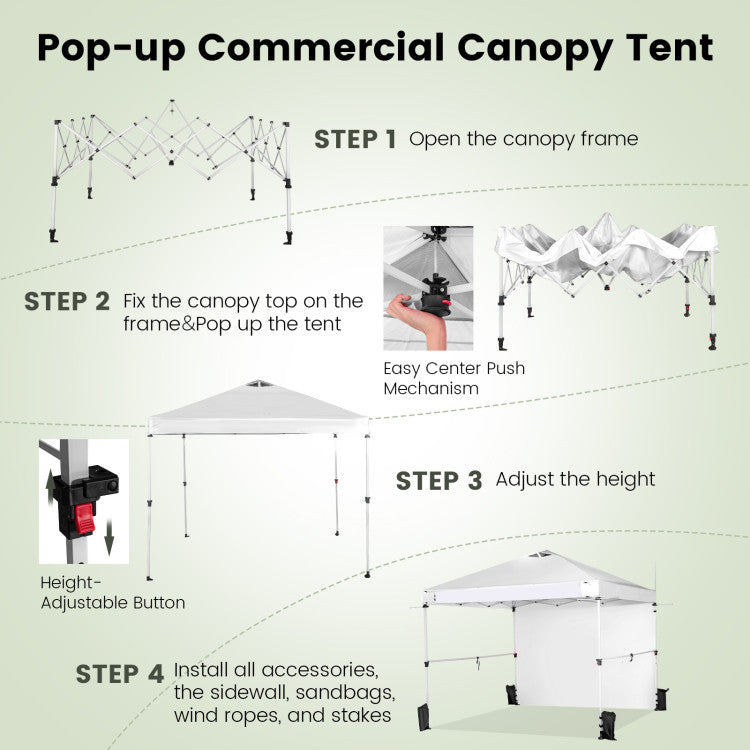 10 x 10 Feet Portable Commercial Pop-up Canopy Foldable Party Tent Awning with Detachable Sidewall and Roller Bag