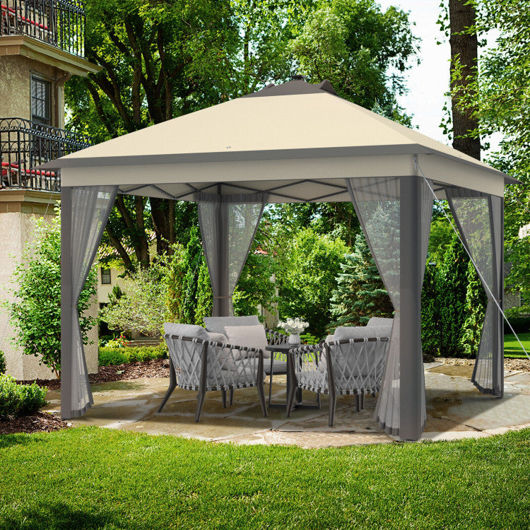 11 x 11 Feet Outdoor Height Adjustable Gazebo Patio Foldable Canopy Tent with Solar LED Light