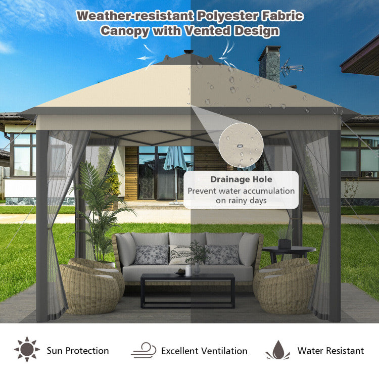 11 x 11 Feet Outdoor Height Adjustable Gazebo Patio Foldable Canopy Tent with Solar LED Light