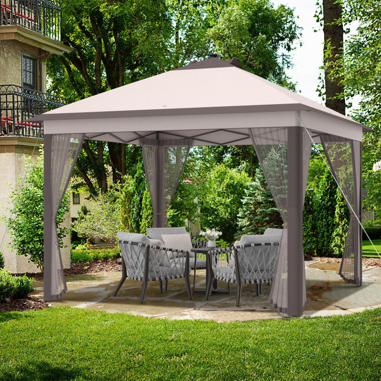 11 x 11 Feet Outdoor Height Adjustable Gazebo Patio Foldable Canopy Tent with Solar LED Light