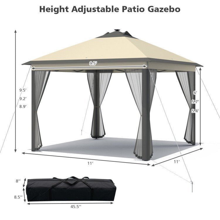 11 x 11 Feet Outdoor Height Adjustable Gazebo Patio Foldable Canopy Tent with Solar LED Light