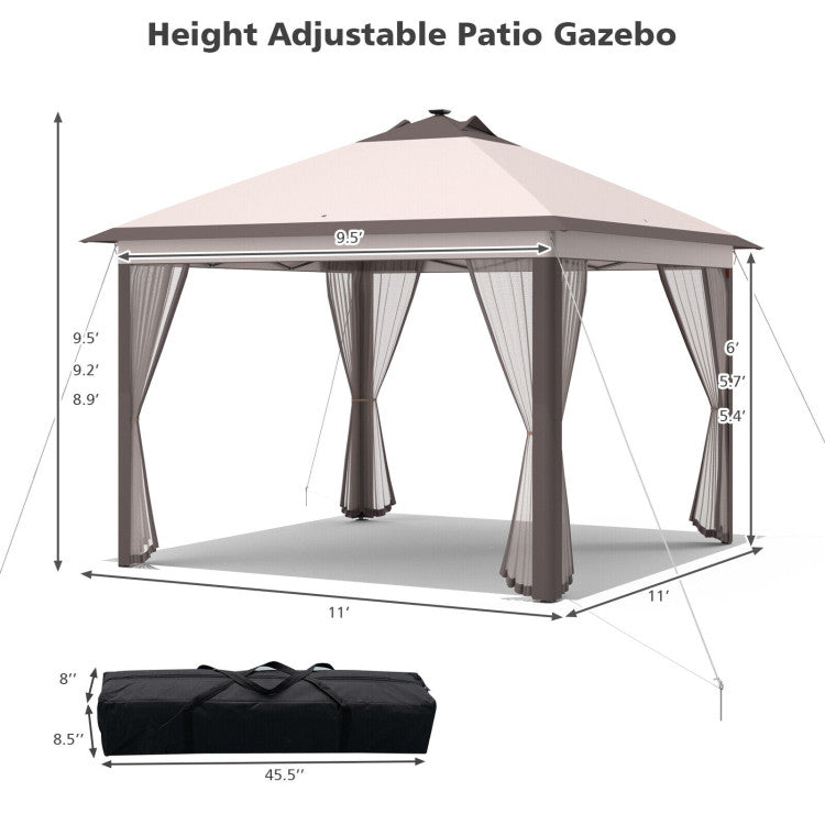 11 x 11 Feet Outdoor Height Adjustable Gazebo Patio Foldable Canopy Tent with Solar LED Light