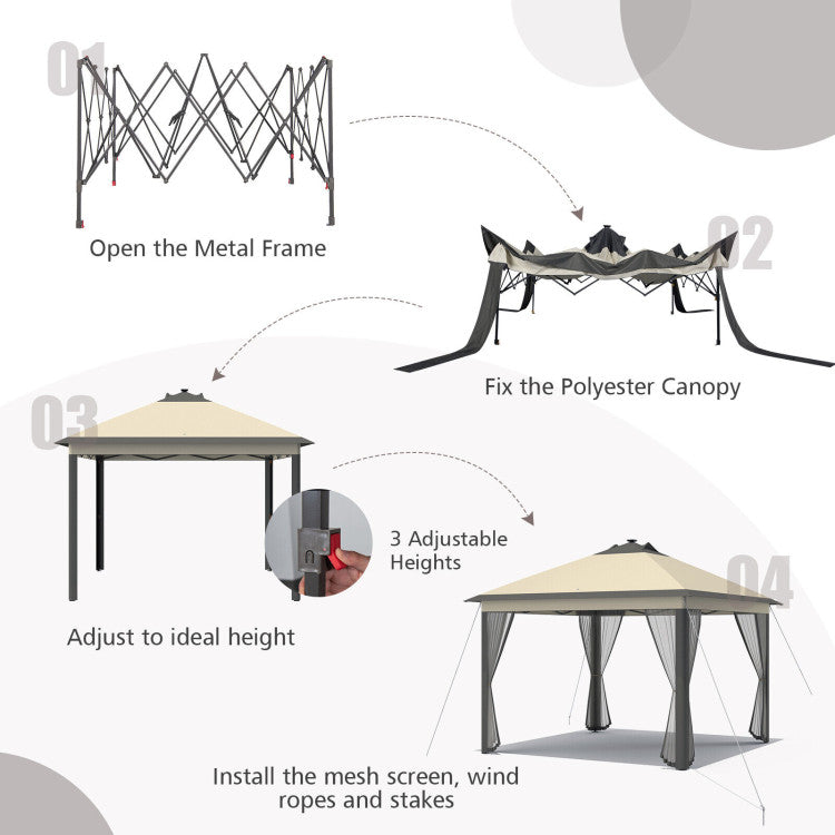 11 x 11 Feet Outdoor Height Adjustable Gazebo Patio Foldable Canopy Tent with Solar LED Light