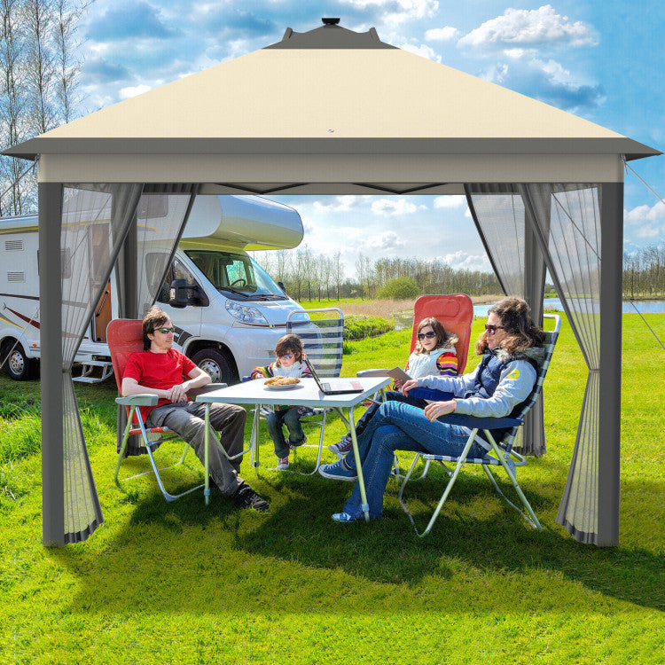 11 x 11 Feet Outdoor Height Adjustable Gazebo Patio Foldable Canopy Tent with Solar LED Light