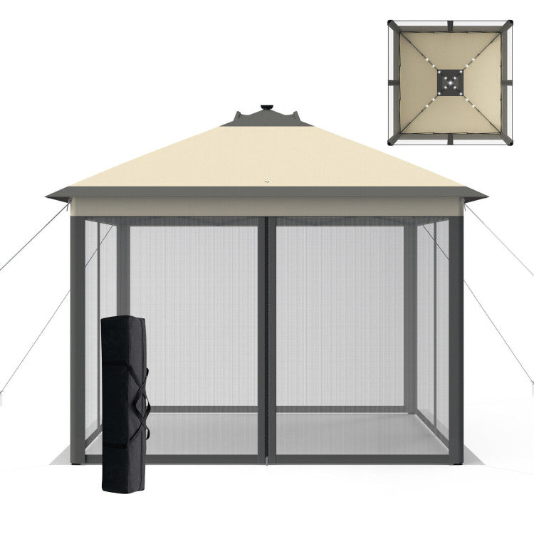 11 x 11 Feet Outdoor Height Adjustable Gazebo Patio Foldable Canopy Tent with Solar LED Light