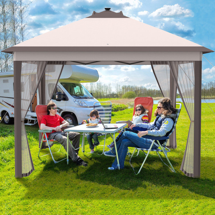 11 x 11 Feet Outdoor Height Adjustable Gazebo Patio Foldable Canopy Tent with Solar LED Light