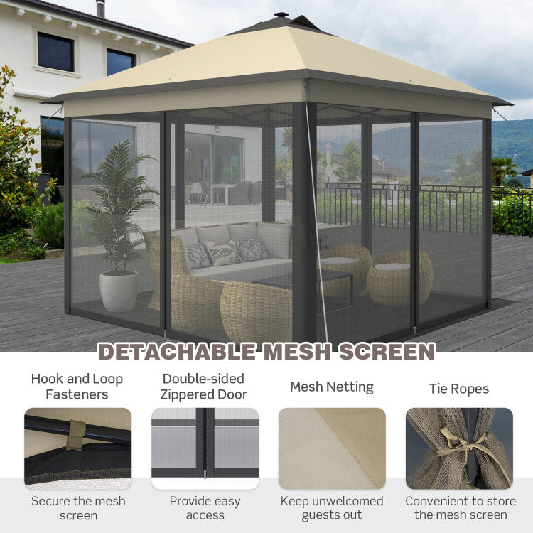 11 x 11 Feet Outdoor Height Adjustable Gazebo Patio Foldable Canopy Tent with Solar LED Light