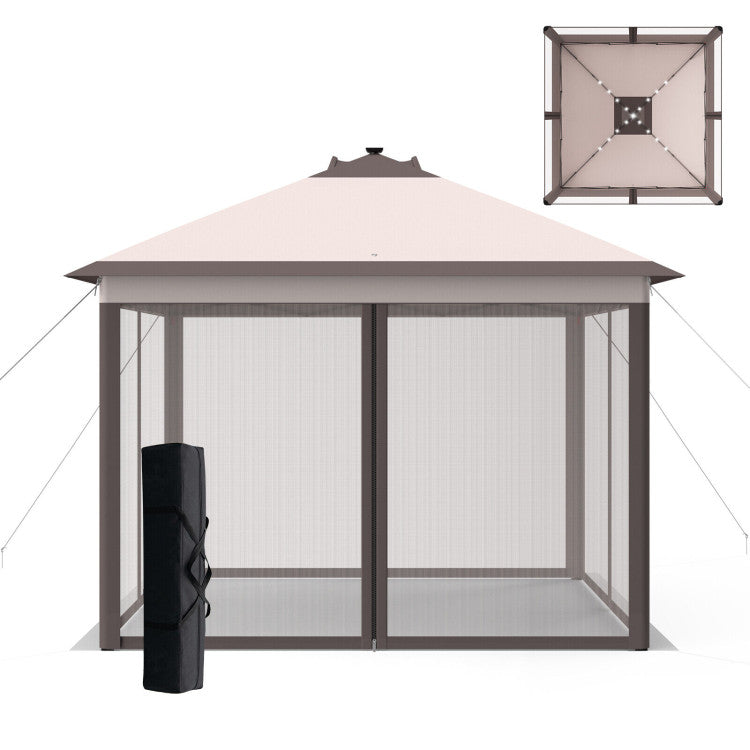 11 x 11 Feet Outdoor Height Adjustable Gazebo Patio Foldable Canopy Tent with Solar LED Light