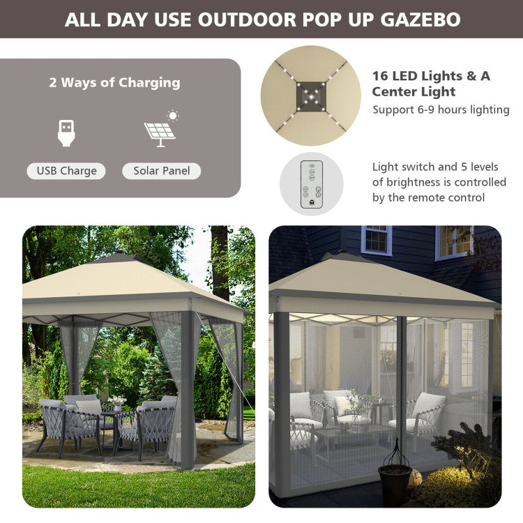 11 x 11 Feet Outdoor Height Adjustable Gazebo Patio Foldable Canopy Tent with Solar LED Light