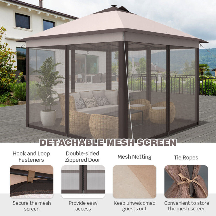 11 x 11 Feet Outdoor Height Adjustable Gazebo Patio Foldable Canopy Tent with Solar LED Light