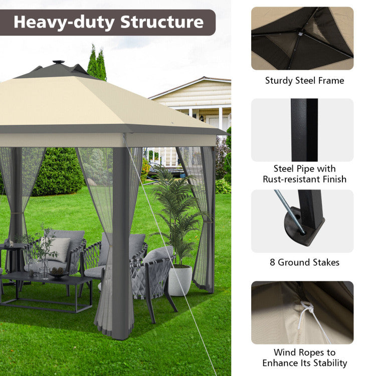 11 x 11 Feet Outdoor Height Adjustable Gazebo Patio Foldable Canopy Tent with Solar LED Light