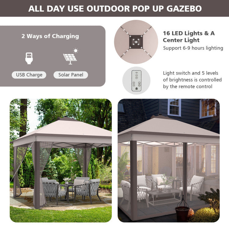 11 x 11 Feet Outdoor Height Adjustable Gazebo Patio Foldable Canopy Tent with Solar LED Light