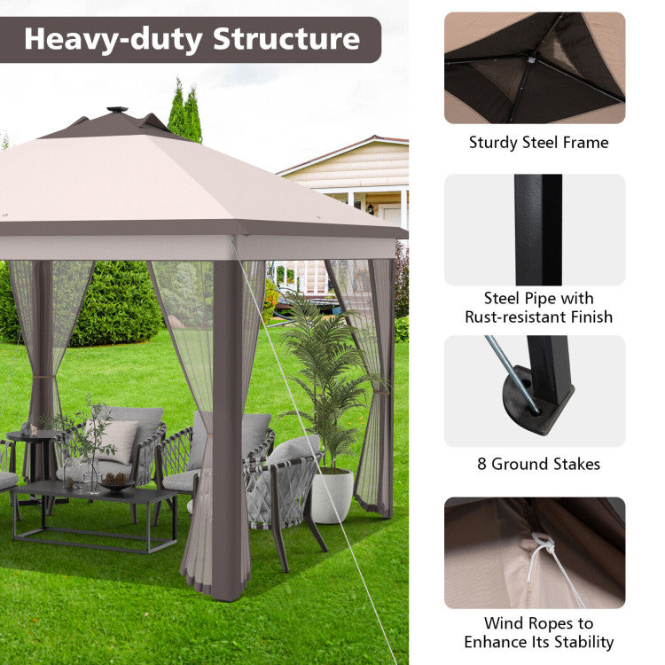 11 x 11 Feet Outdoor Height Adjustable Gazebo Patio Foldable Canopy Tent with Solar LED Light