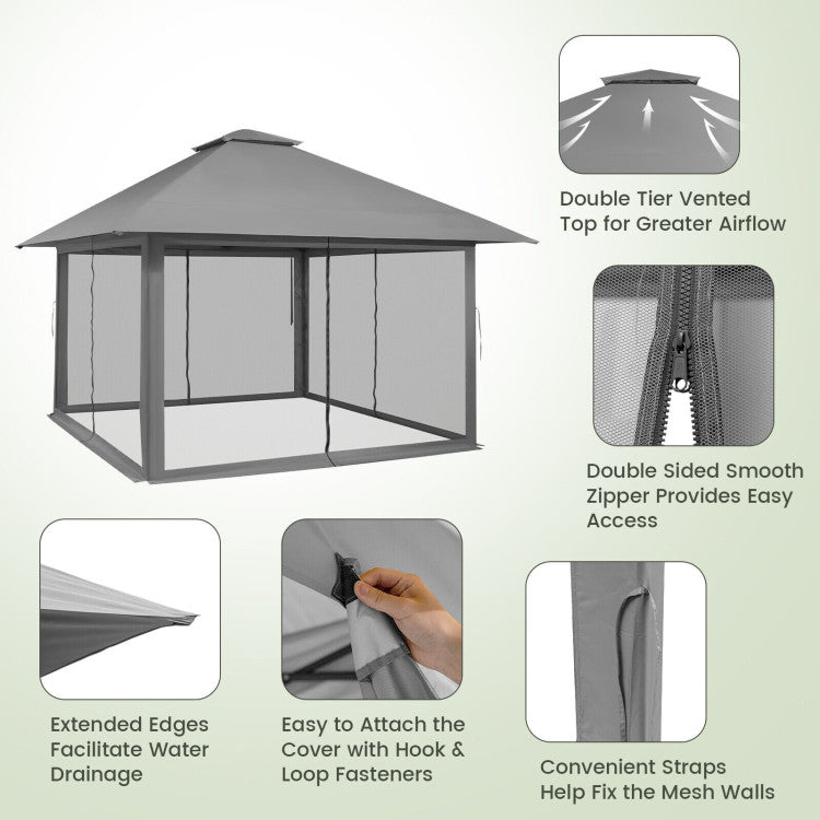 13 x 13 Feet Outdoor Pop-up Gazebo Patio Instant Canopy Shelter Tent with Mesh Sidewall and Vented Top