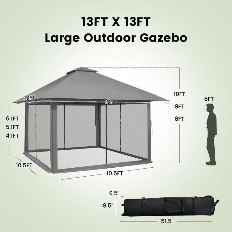 13 x 13 Feet Outdoor Pop-up Gazebo Patio Instant Canopy Shelter Tent with Mesh Sidewall and Vented Top