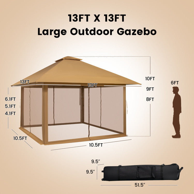 13 x 13 Feet Outdoor Pop-up Gazebo Patio Instant Canopy Shelter Tent with Mesh Sidewall and Vented Top