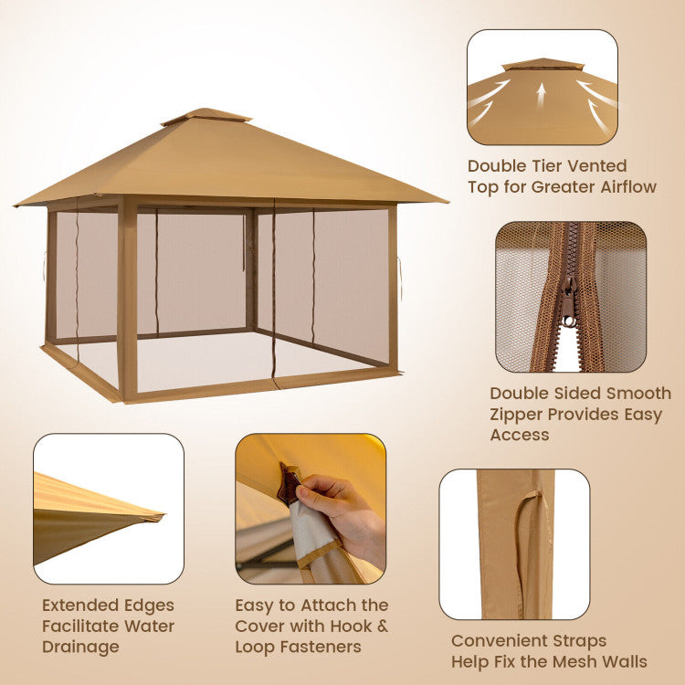 13 x 13 Feet Outdoor Pop-up Gazebo Patio Instant Canopy Shelter Tent with Mesh Sidewall and Vented Top