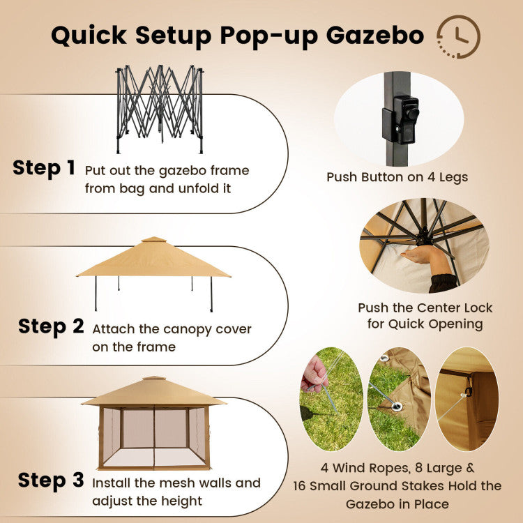 13 x 13 Feet Outdoor Pop-up Gazebo Patio Instant Canopy Shelter Tent with Mesh Sidewall and Vented Top