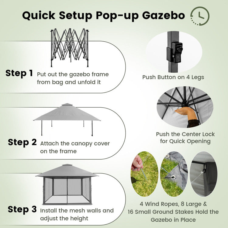 13 x 13 Feet Outdoor Pop-up Gazebo Patio Instant Canopy Shelter Tent with Mesh Sidewall and Vented Top