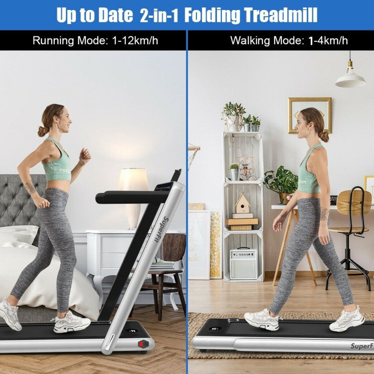 2-in-1 Folding Electric Motorized Treadmill with Remote Control and Dual Display