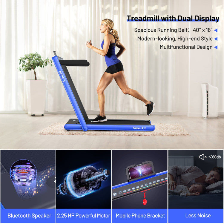 2-in-1 Folding Electric Motorized Treadmill with Remote Control and Dual Display