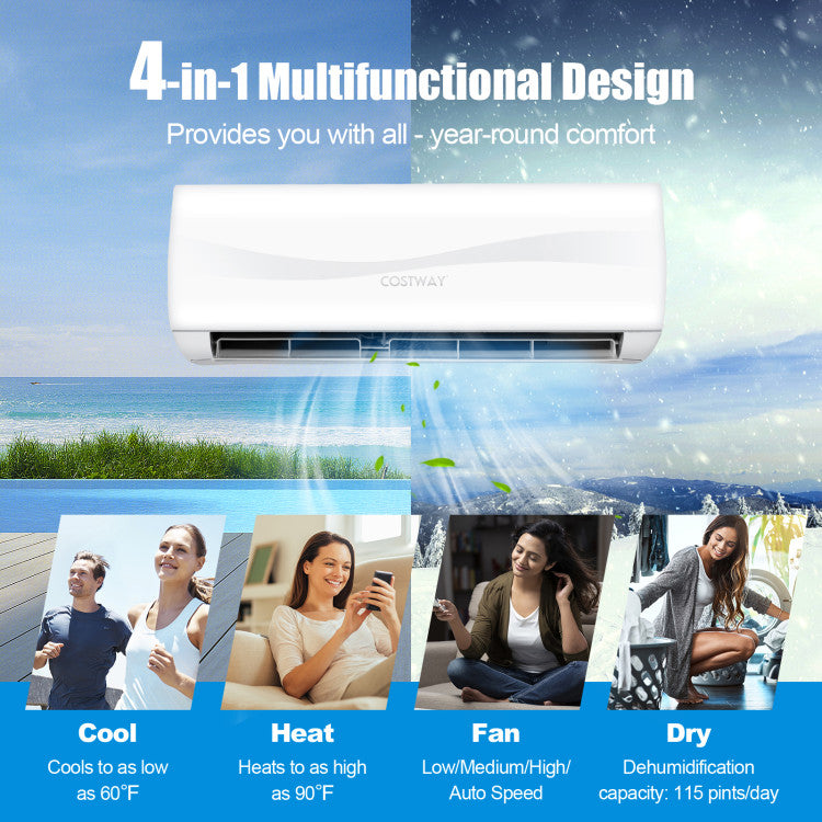 24000BTU 208-230V Mini Split Air Conditioner and Heater 18.5 Seer2 Wall-Mounted Ductless AC Unit with Self Cleaning and Auto Defrost