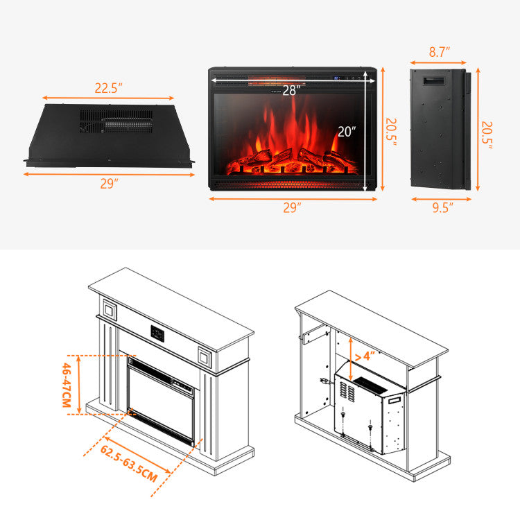 28 Inch Electric Fireplace Wall Recessed and Freestanding Heater with Remote Control and Touch Screen