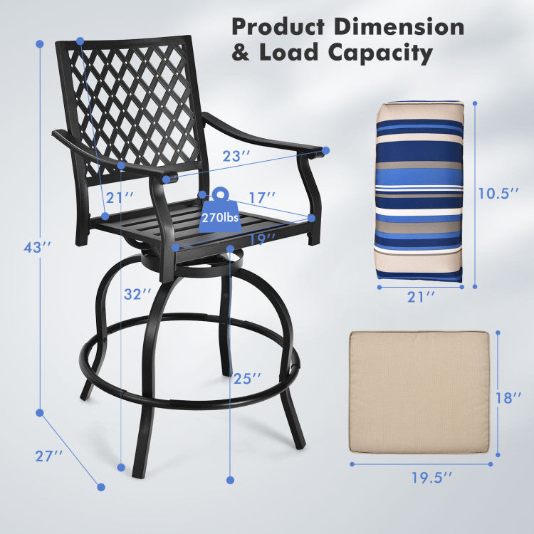 2 Pieces Outdoor Bar Height Metal Swivel Chairs with Soft Cushions