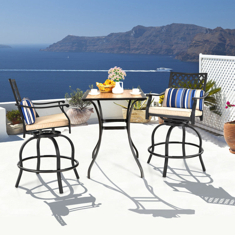 2 Pieces Outdoor Bar Height Metal Swivel Chairs with Soft Cushions