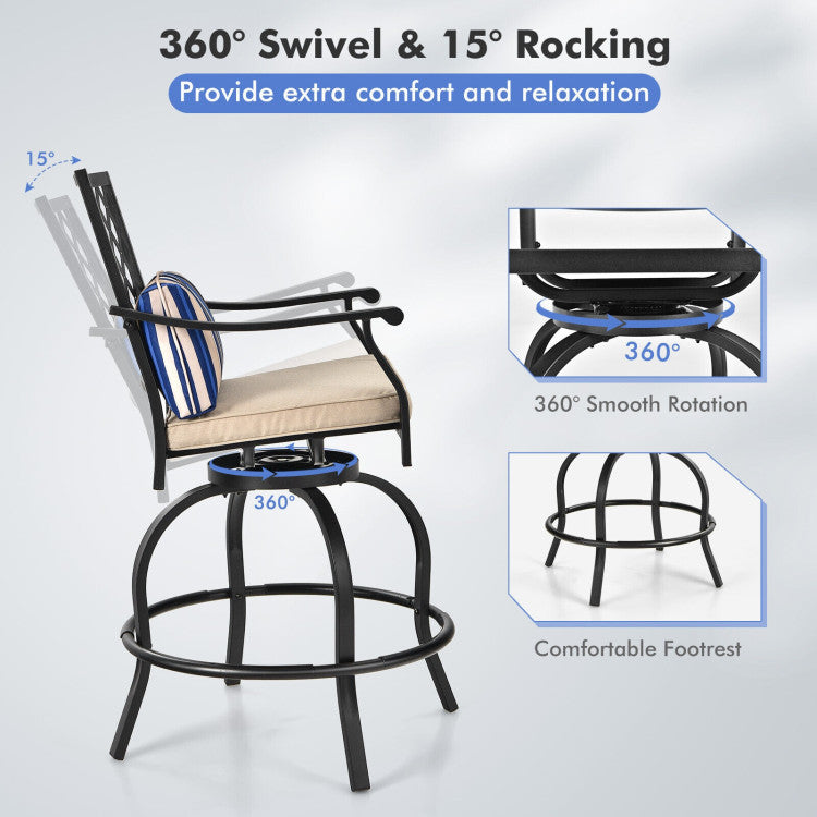 2 Pieces Outdoor Bar Height Metal Swivel Chairs with Soft Cushions
