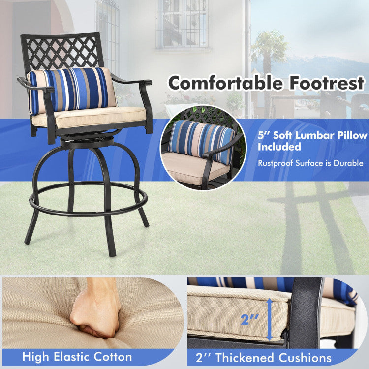2 Pieces Outdoor Bar Height Metal Swivel Chairs with Soft Cushions