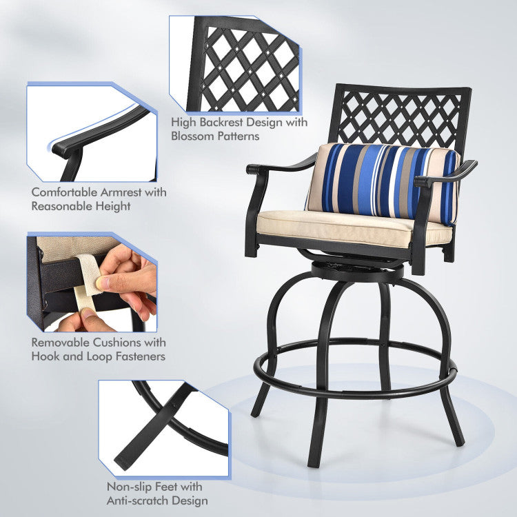 2 Pieces Outdoor Bar Height Metal Swivel Chairs with Soft Cushions