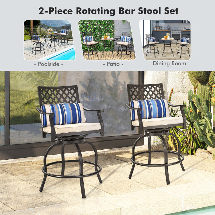 2 Pieces Outdoor Bar Height Metal Swivel Chairs with Soft Cushions