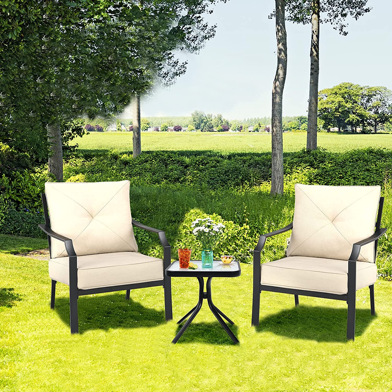 2 Pieces Patio Garden Dining Chairs Outdoor Bistro Armchairs with Padded Cushions
