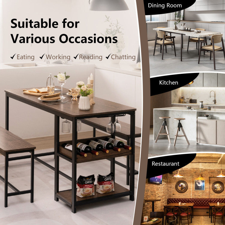 3-Piece Dining Table Set Kitchen Table and Chairs Set with Storage Shelves Glass Holder