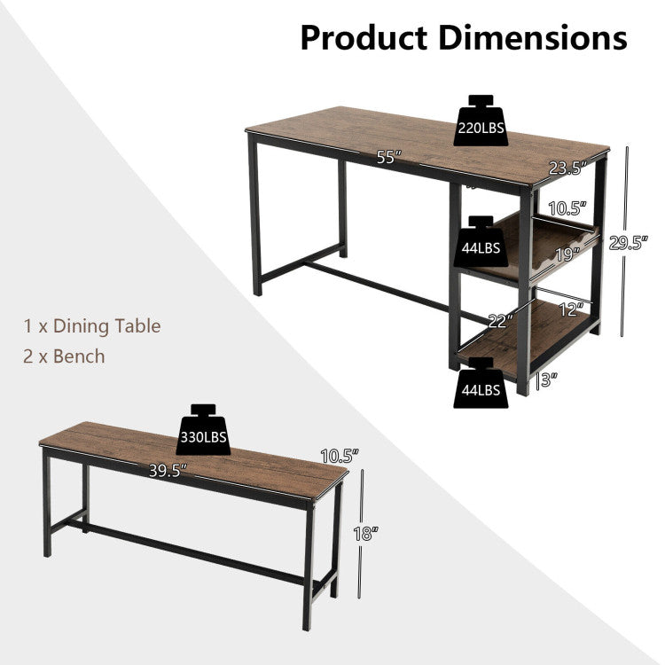 3-Piece Dining Table Set Kitchen Table and Chairs Set with Storage Shelves Glass Holder