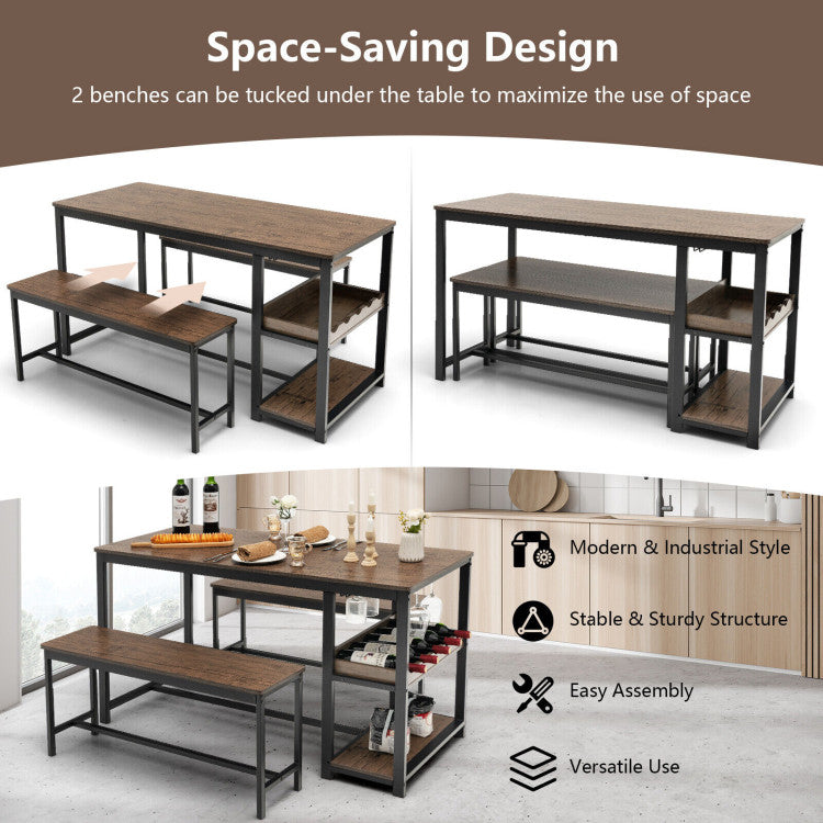 3-Piece Dining Table Set Kitchen Table and Chairs Set with Storage Shelves Glass Holder