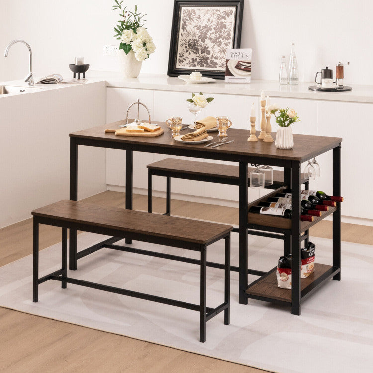 3-Piece Dining Table Set Kitchen Table and Chairs Set with Storage Shelves Glass Holder