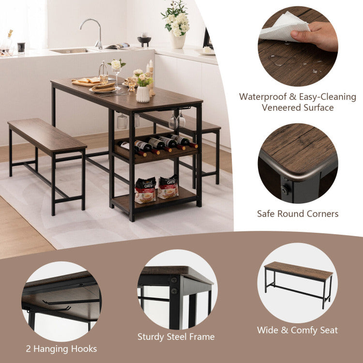3-Piece Dining Table Set Kitchen Table and Chairs Set with Storage Shelves Glass Holder