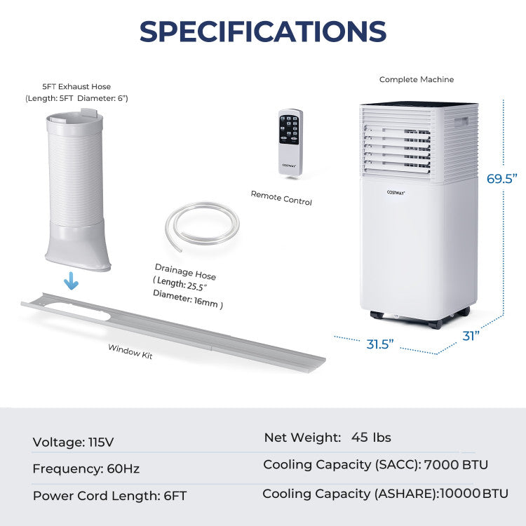 3-in-1 Portable Air Conditioner 10000 BTU AC Unit Air Cooler with Remote Control and 1-24 Hours Timer
