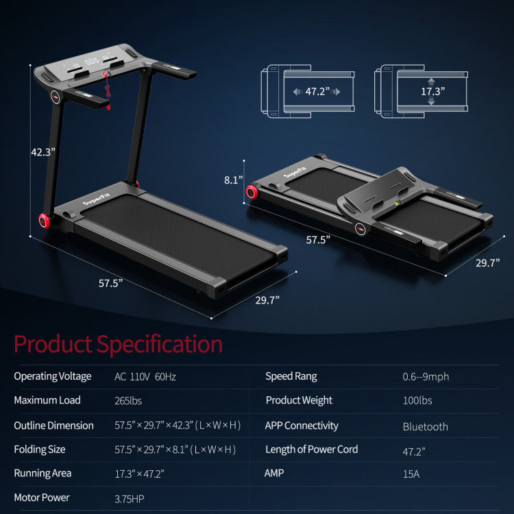 3.75HP Folding Treadmill Freestanding Commercial Heavy Duty Running Machine with LCD Display and 3 Sport Modes