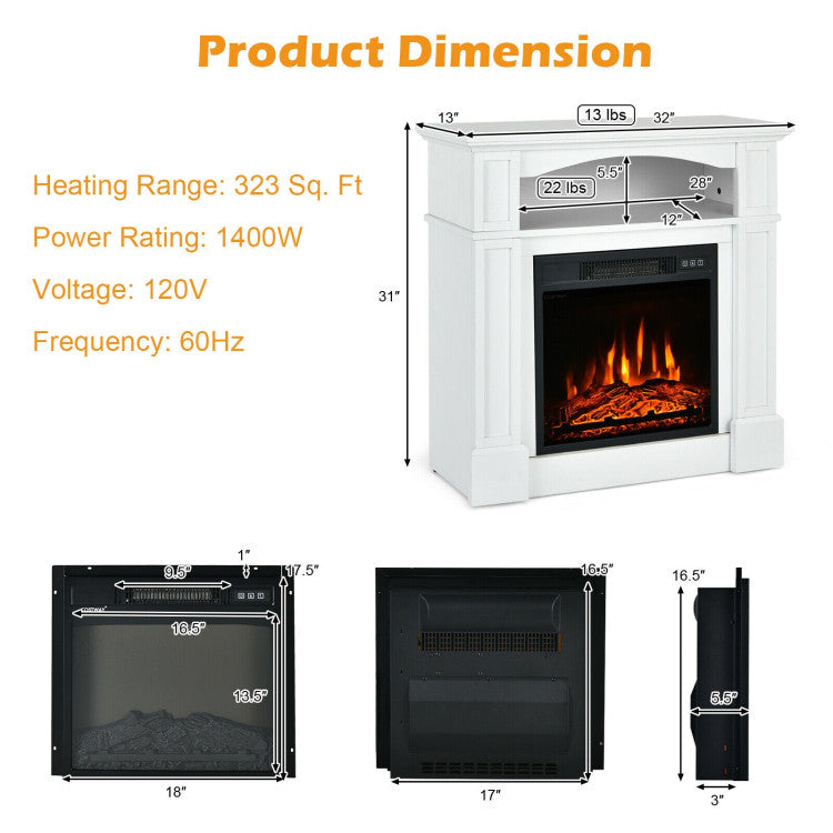 32 Inch Electric Fireplace Mantle 1400W Freestanding TV Stand Heater with Remote Control and Adjustable Brightness