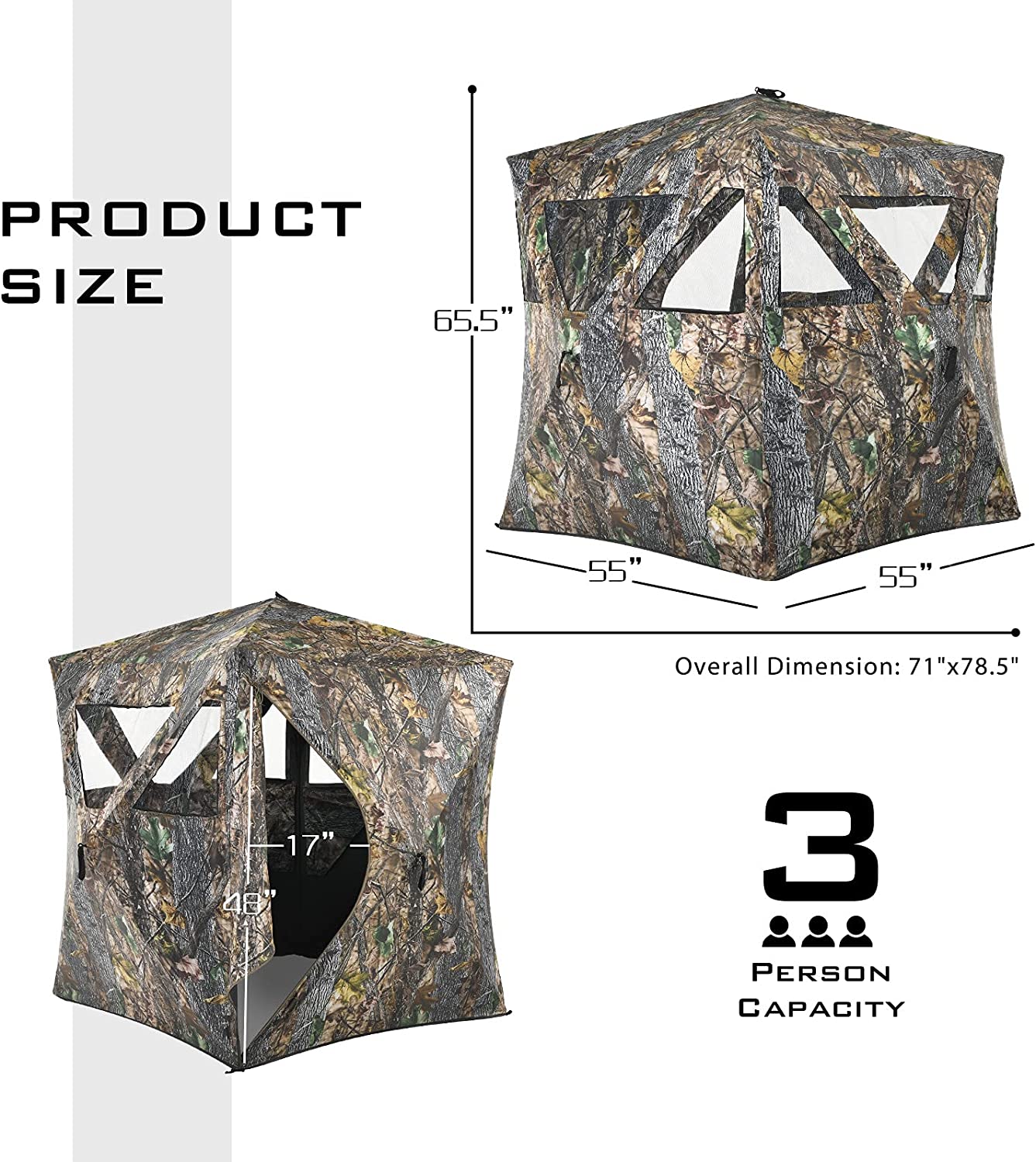 3 Person Pop up Ground Camo Deer Blind Portable Camouflage Hunting Blind Tent with 360 Degree Mesh Windows Carrying Bag
