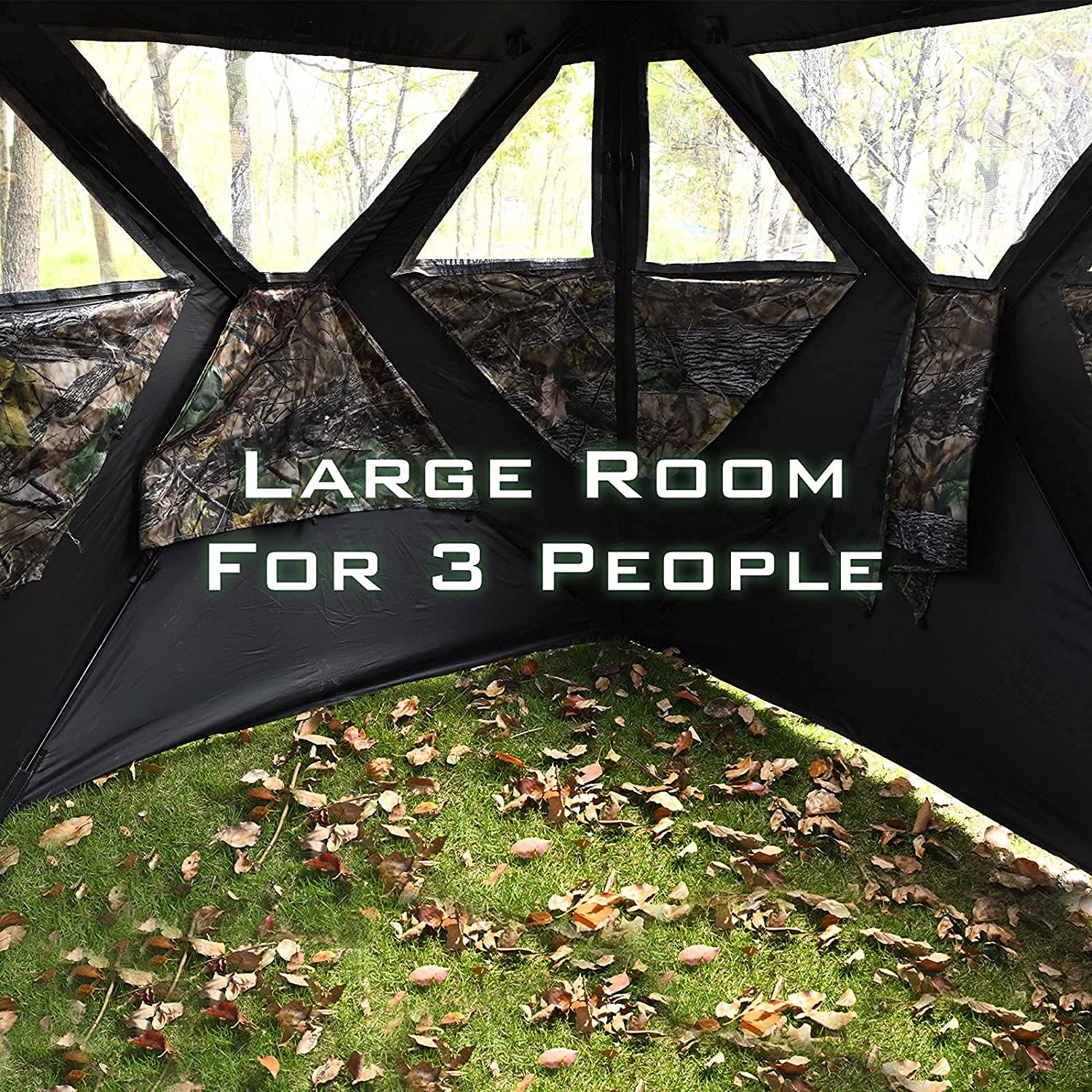 3 Person Pop up Ground Camo Deer Blind Portable Camouflage Hunting Blind Tent with 360 Degree Mesh Windows Carrying Bag