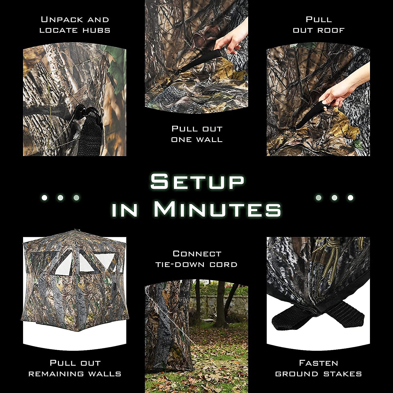 3 Person Pop up Ground Camo Deer Blind Portable Camouflage Hunting Blind Tent with 360 Degree Mesh Windows Carrying Bag
