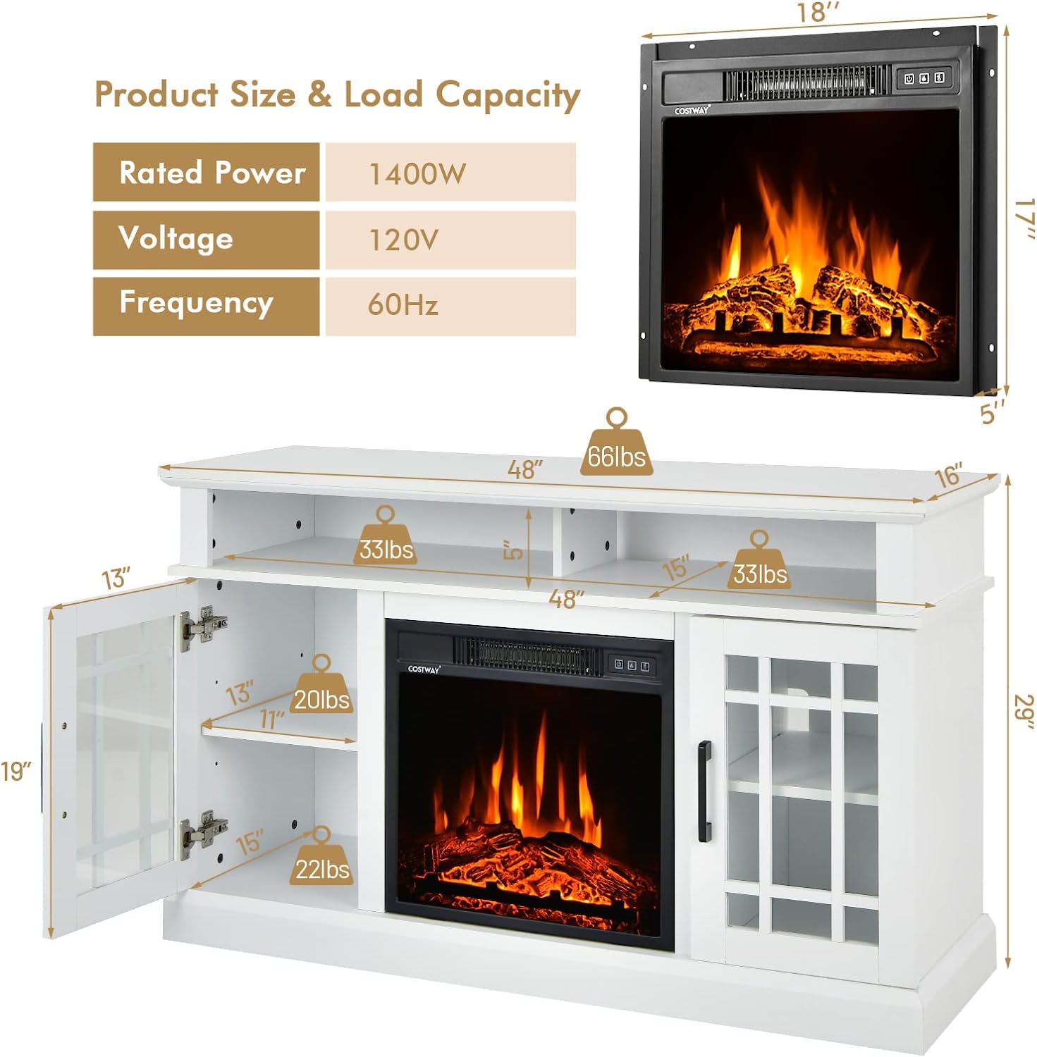 48 Inch Wooden TV Stand Console Table with 1400W Electric Fireplace and Open Storage