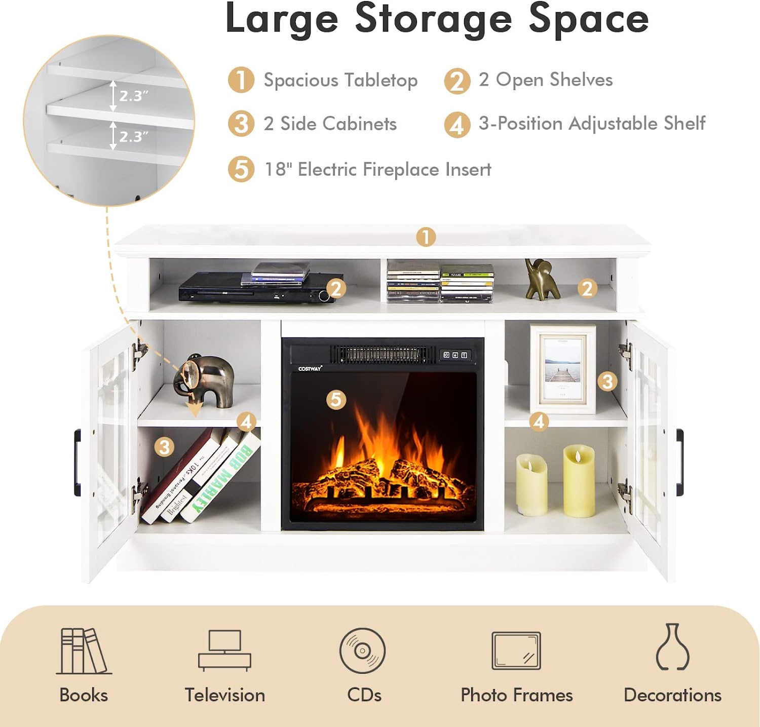 48 Inch Wooden TV Stand Console Table with 1400W Electric Fireplace and Open Storage