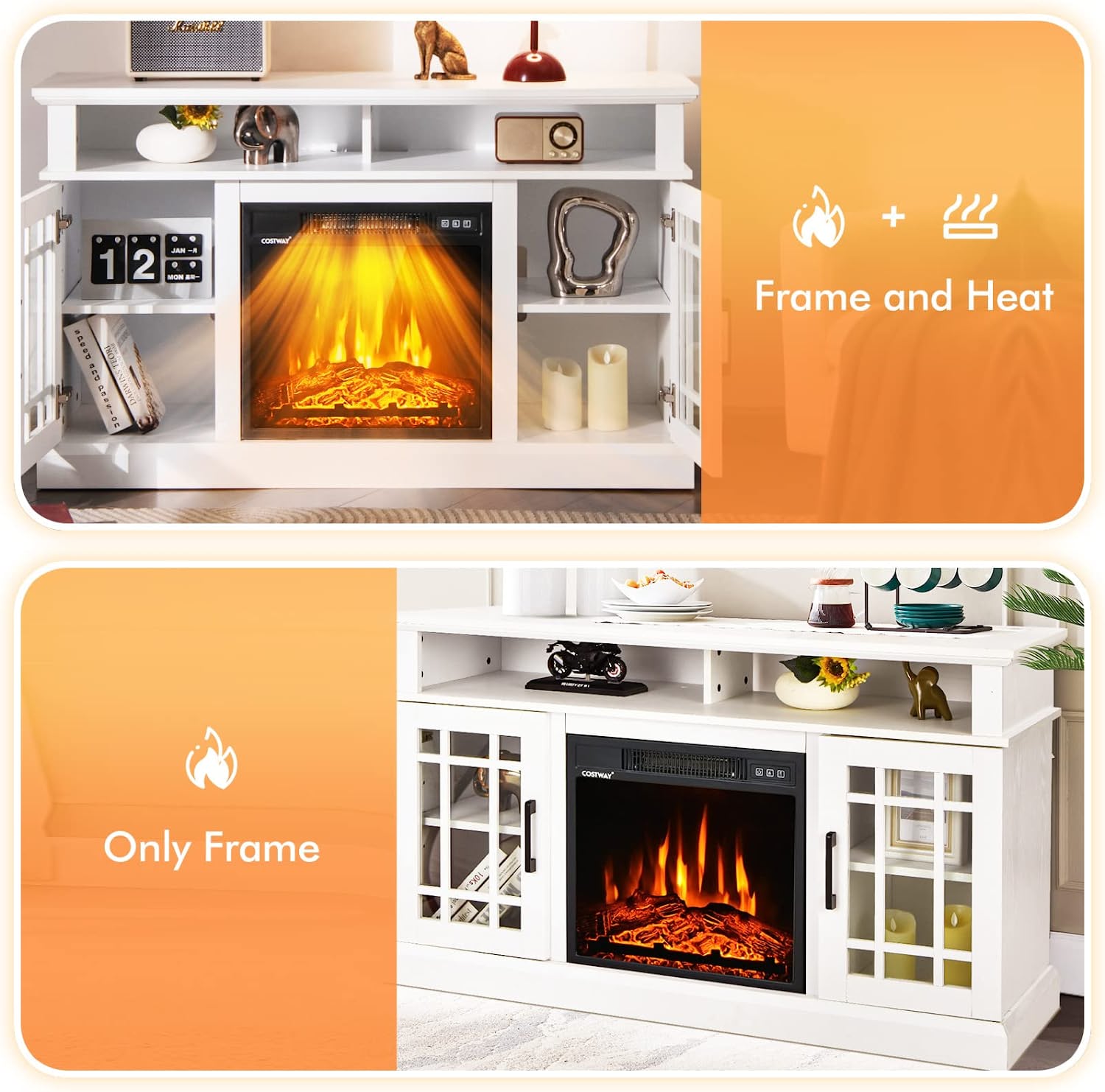 48 Inch Wooden TV Stand Console Table with 1400W Electric Fireplace and Open Storage